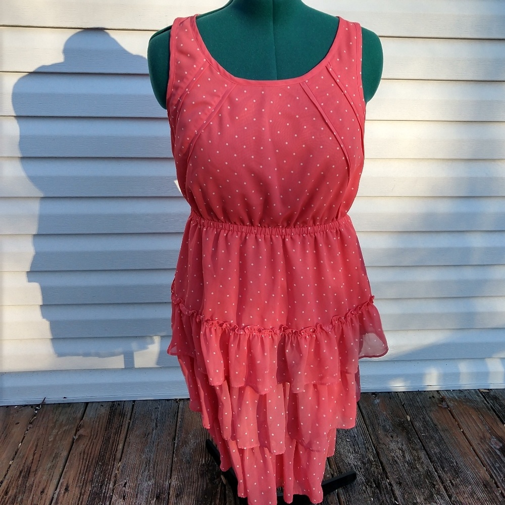 Coral polka dot ruffle mini dress